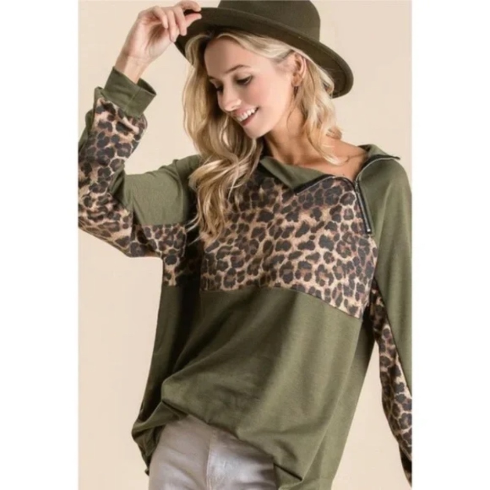 Olive Leopard Raglan Zipper Pullover Top - Picture 6 of 11